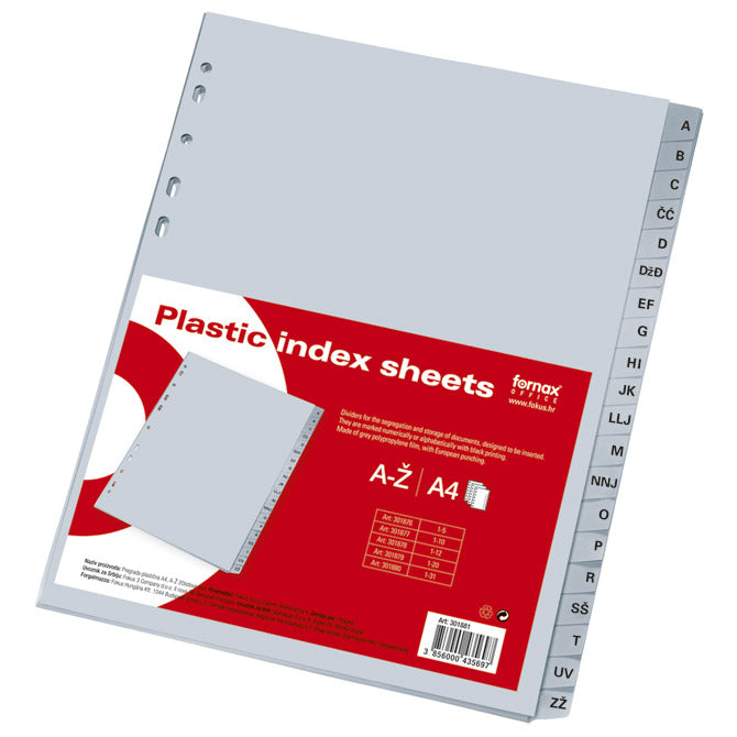 PLASTIČNA PREDALČNICA A4 A-Ž 20-LISTKOV FORNAX SIVA