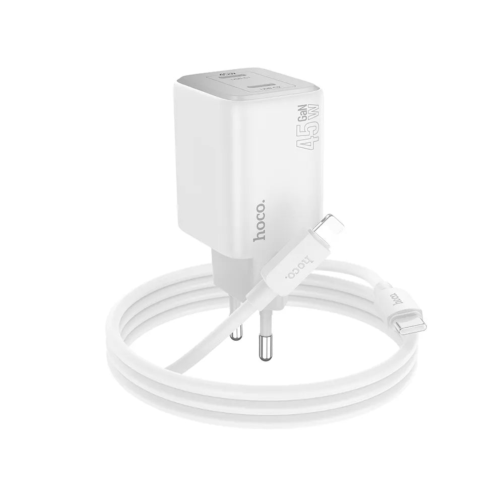 HOCO zidni punjač 2 x tip C + kabel tip C do Lightning PD QC 45W GaN N42 bijeli