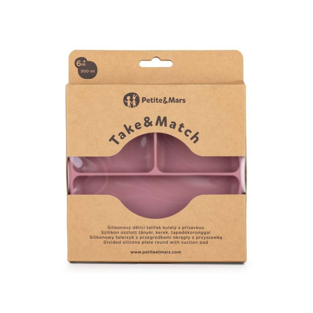 PETITE&MARS Silikonski okrugli tanjur s odjeljcima i vakuumom 6 m+ Take&Match, Dusty Rose