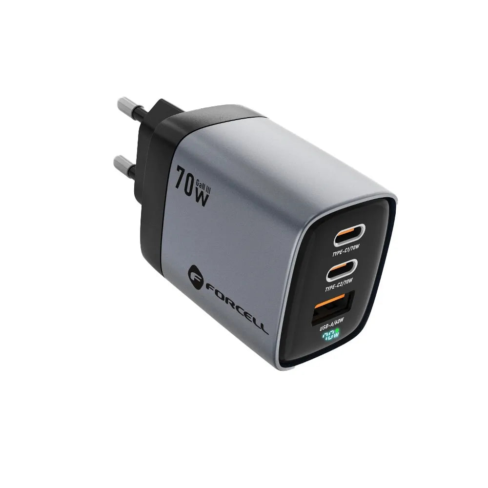 FORCELL F-ENERGY GaN III VT-37 mrežni punjač s LCD zaslonom 2 x Type C + USB A PD QC4.0 SAM SFC2.0 3.45A 70W sivi