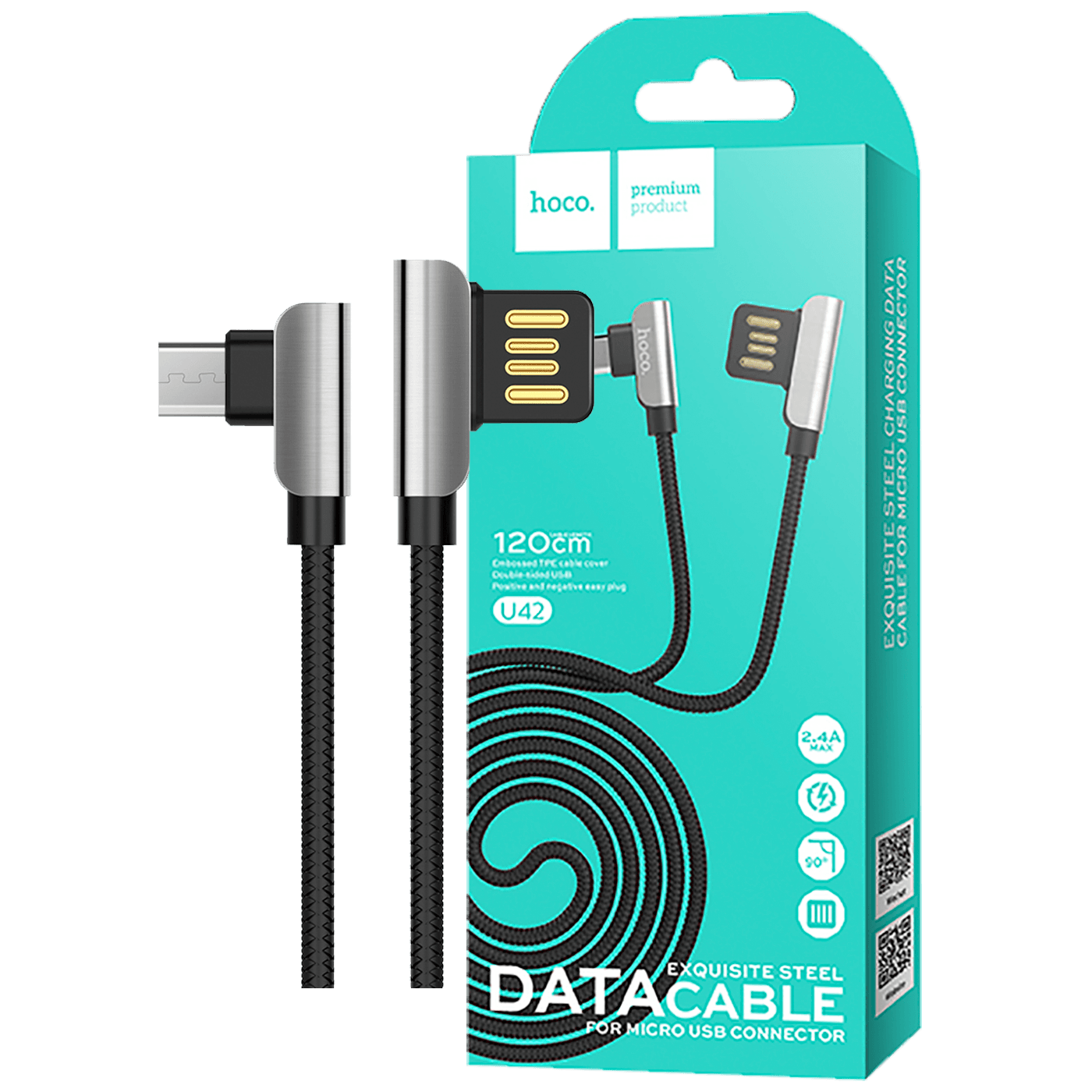 hoco. USB kabel za smartphone, micro USB, 1.2 met., 2.4 A, crna - U42 Exquisite steel, Micro USB, BK