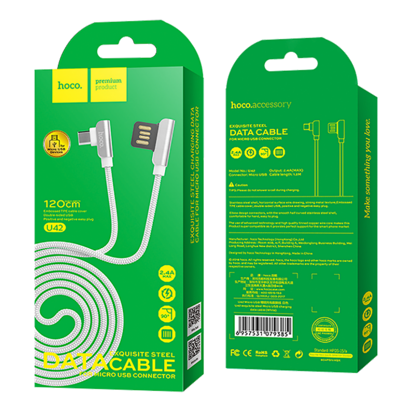 hoco. USB kabel za smartphone, micro USB, 1.2 met., 2.4 A, crna - U42 Exquisite steel, Micro USB, BK