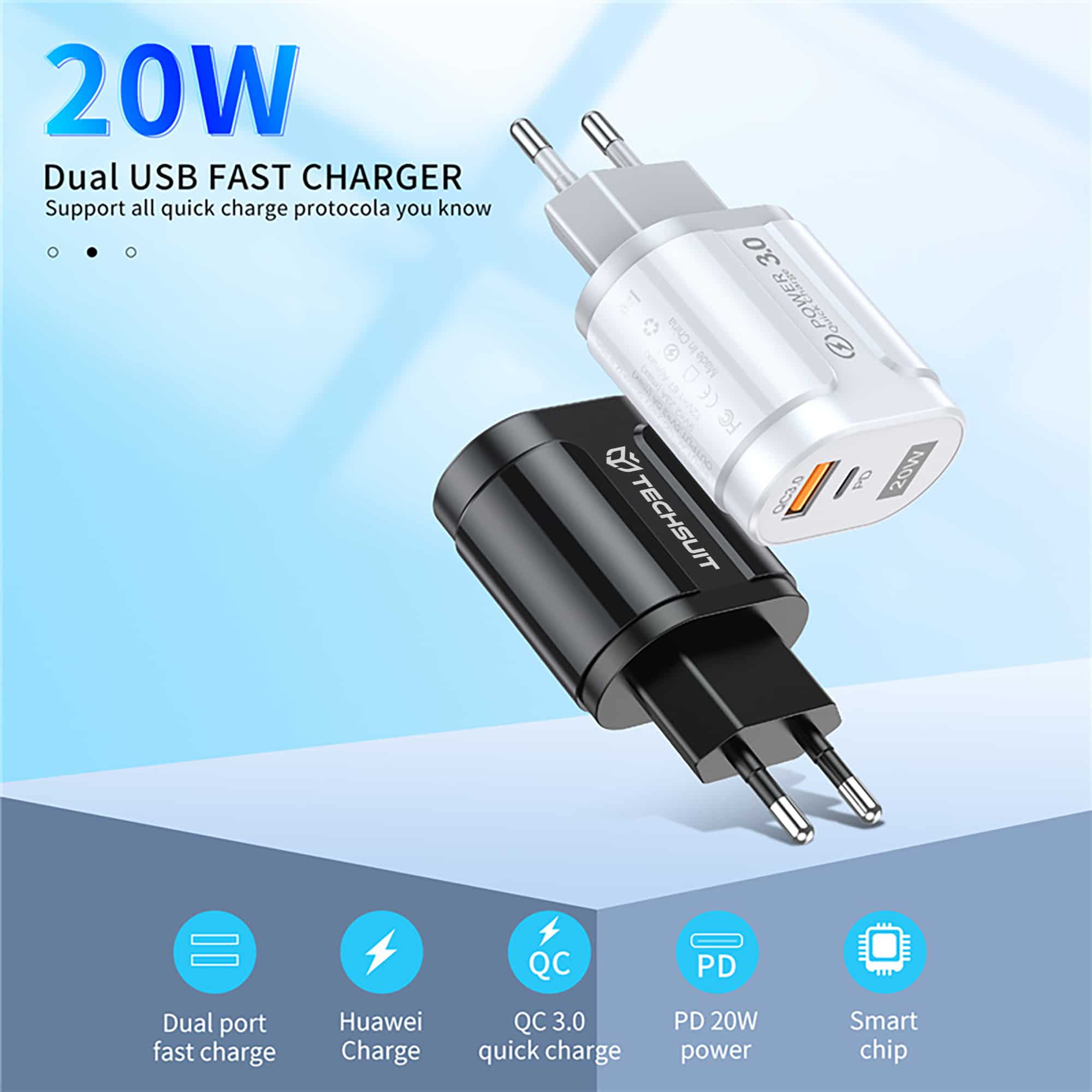 Techsuit - Zidni punjač Premium (CHPD038) - USB-A, QC 3.0, USB-C, 20 W - crni