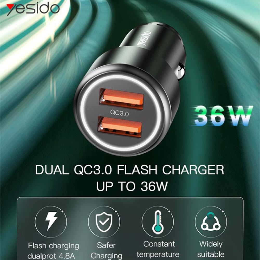 Yesido - Auto punjač (Y43) - 2xUSB QC 3.0 36W - crni