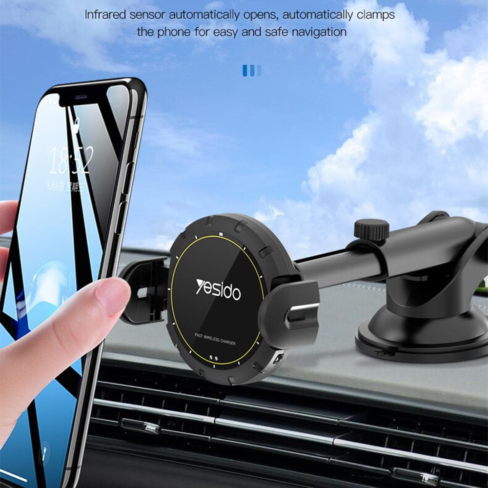 Yesido - auto držač s bežičnim punjenjem (C77) - produljiva ruka za instrument ploču- vjetrobransko staklo- ventilacijski otvor- 15 W - crno