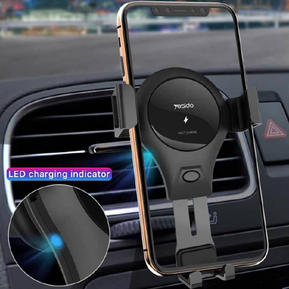 Yesido - Auto držač s bežičnim punjenjem (C45) - Gravitacijska ručka za ventilacijski otvor, 10 W - crna