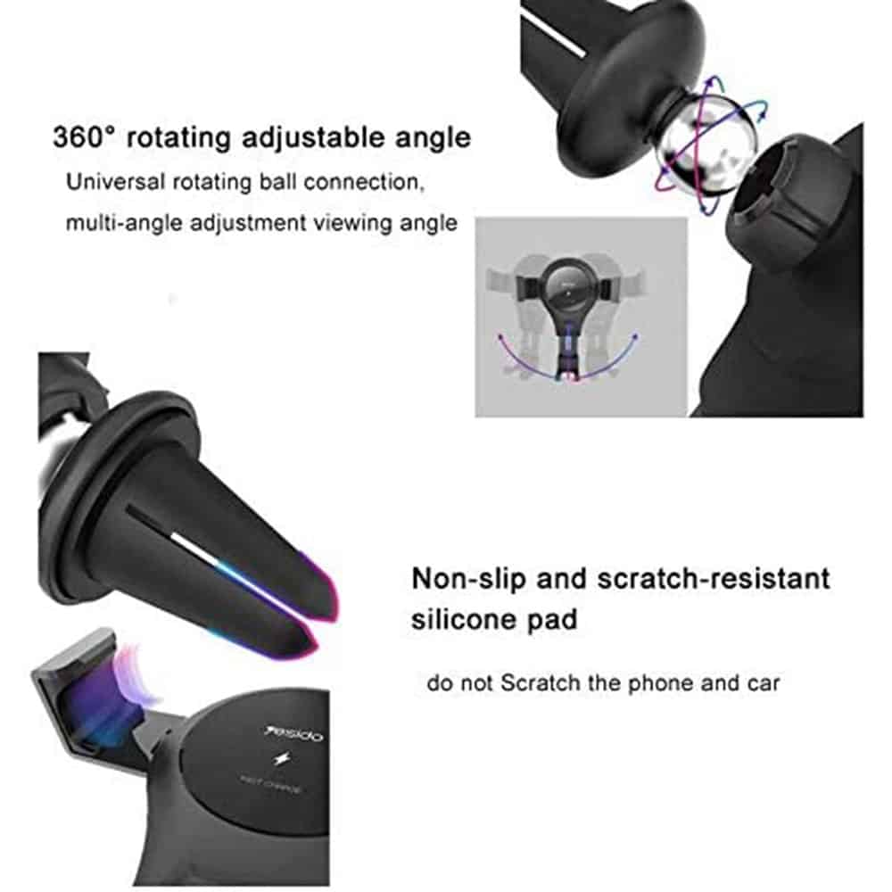 Yesido - Auto držač s bežičnim punjenjem (C45) - Gravitacijska ručka za ventilacijski otvor, 10 W - crna