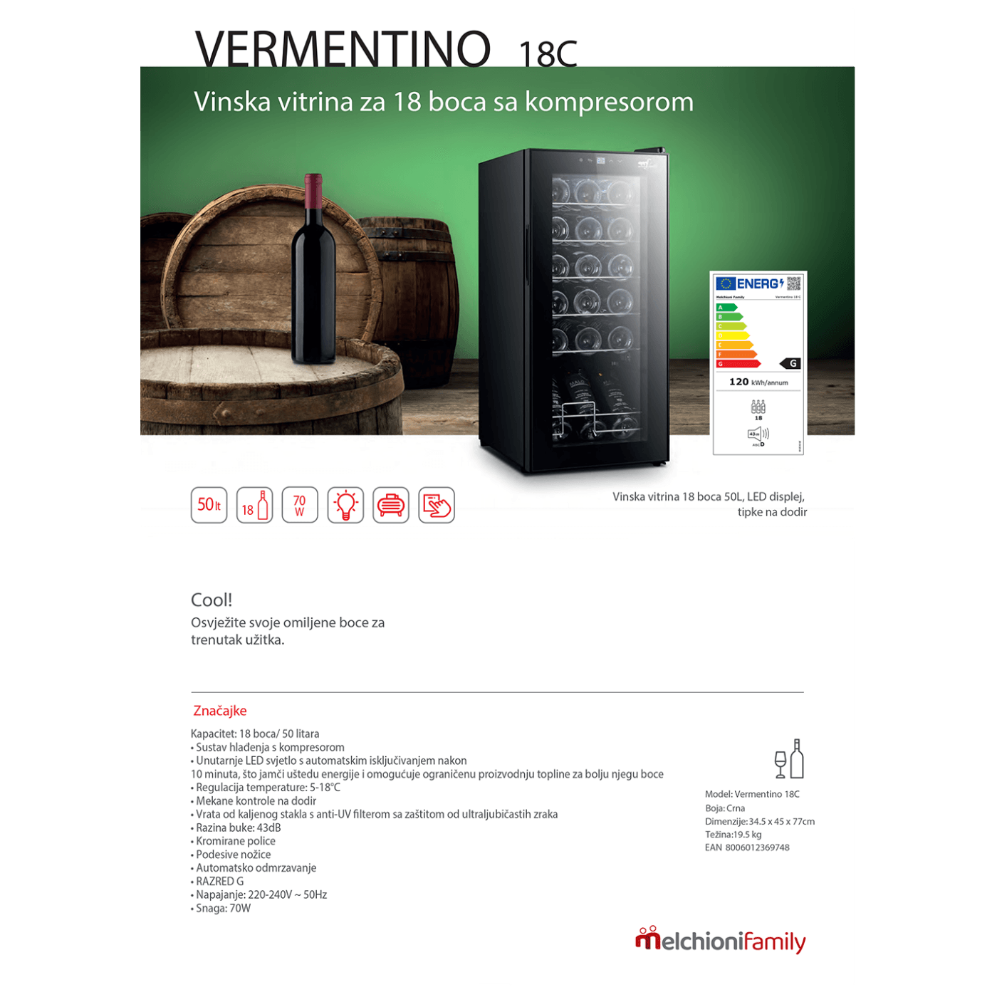 MELCHIONI family Rashladna vinska vitrina, zapremina 50 lit - VERMENTINO 18 C