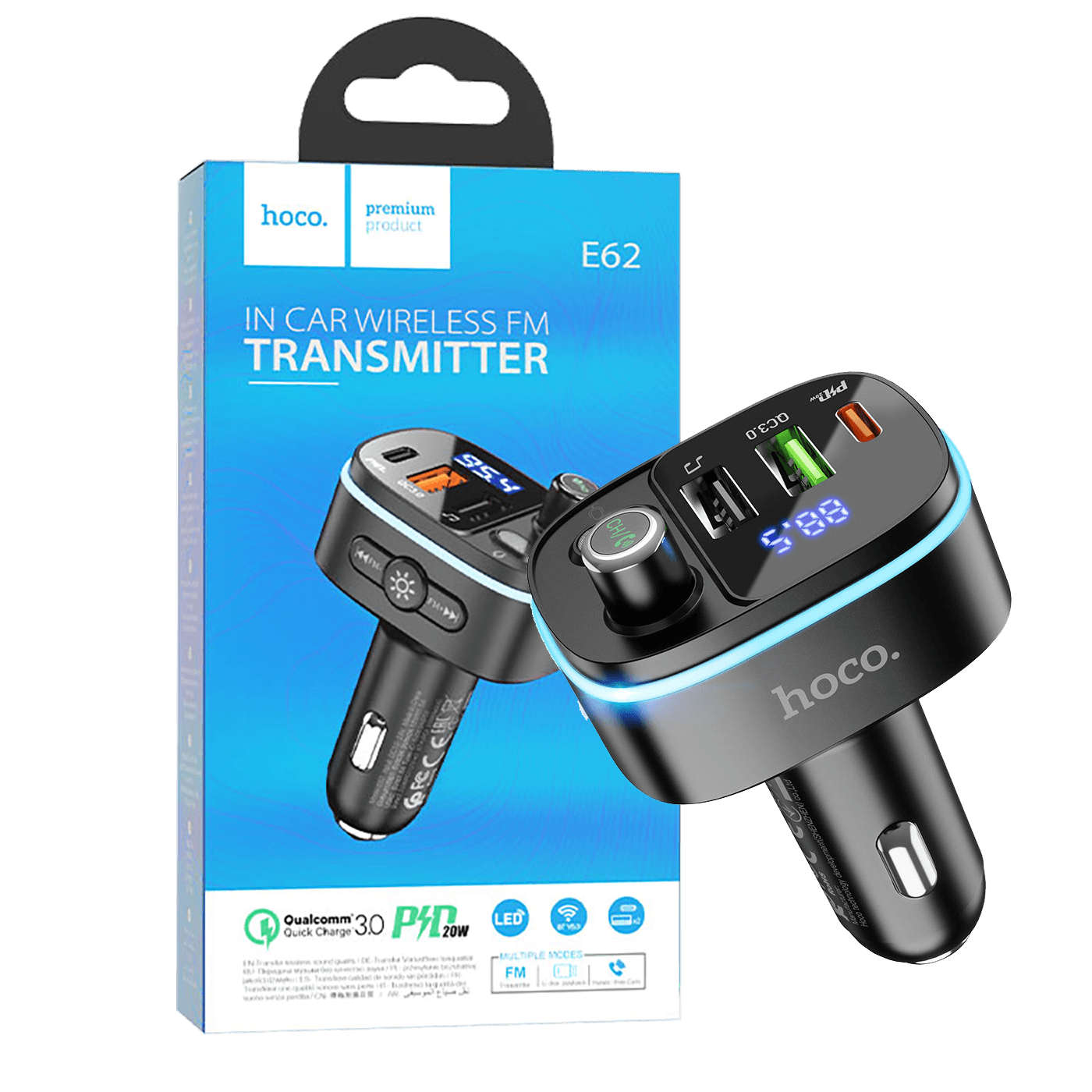 hoco. FM modulator, E62,Bluetooth,12/24 V,2xUSB, 1xUSB-C,PD20W - E62 Fast