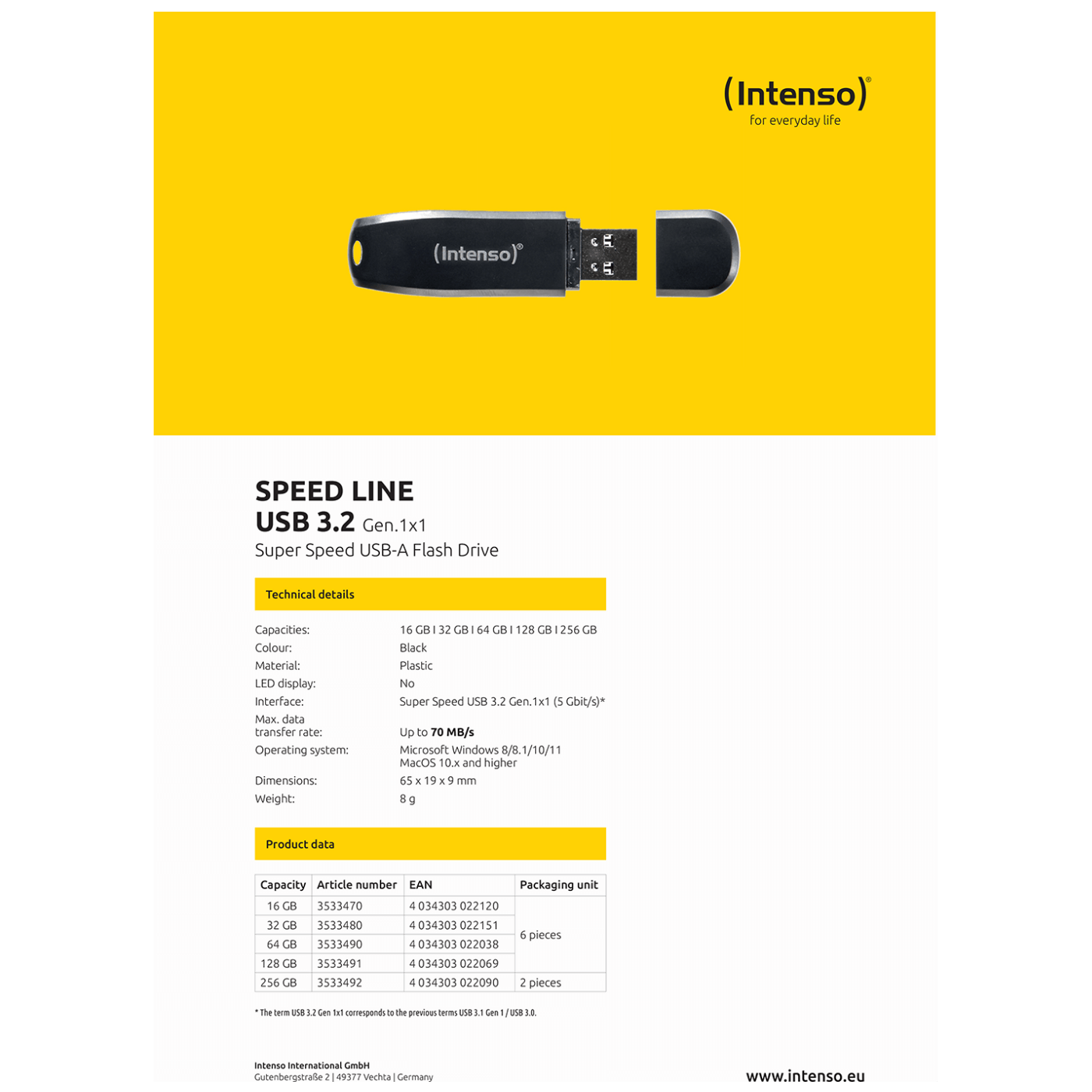 (Intenso) USB Flash drive 64GB Hi-Speed USB 3.2, SPEED Line - USB3.2-64GB/Speed Line