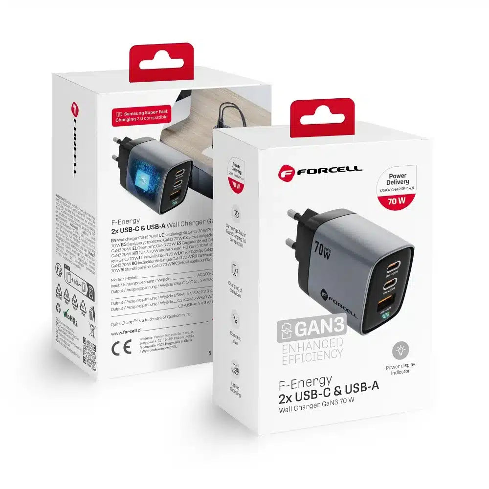 FORCELL F-ENERGY GaN III VT-37 mrežni punjač s LCD zaslonom 2 x Type C + USB A PD QC4.0 SAM SFC2.0 3.45A 70W sivi