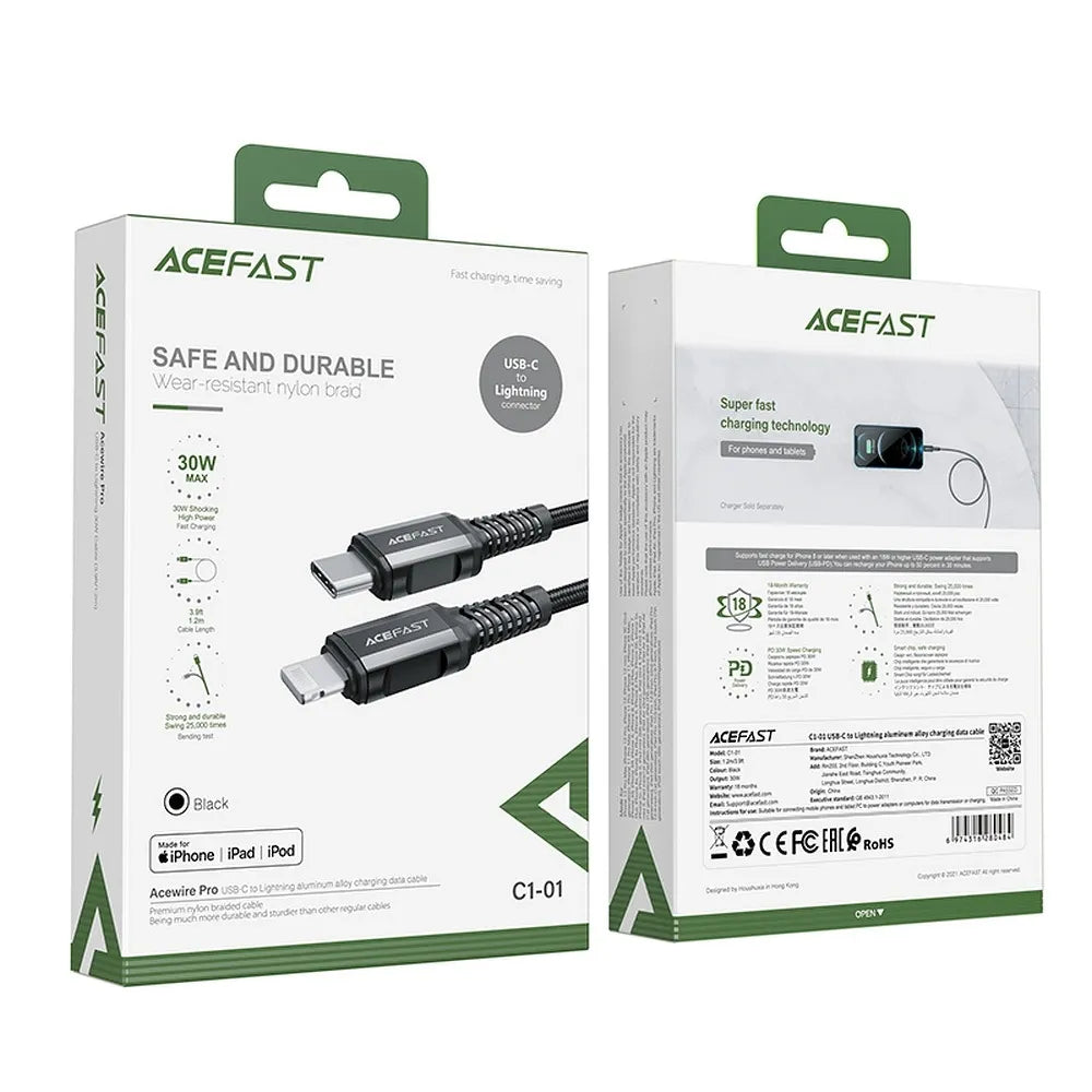 ACEFAST kabel Tip C za iPhone Lightning 8-pin MFi 3A PD30W aluminijska legura C1-01 1,2 m crna
