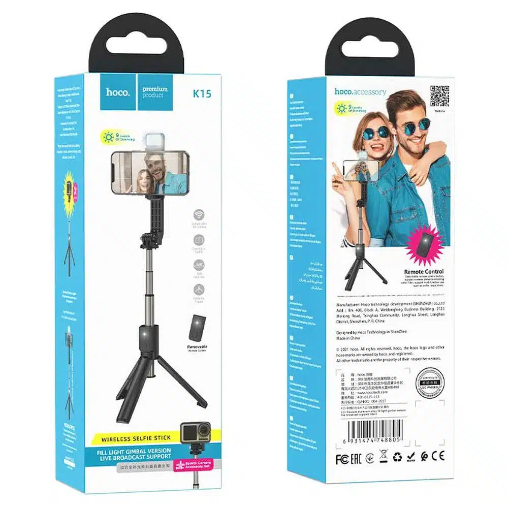 HOCO aluminijski selfie stick s LED svjetlom i bluetooth daljinskim K15 crni
