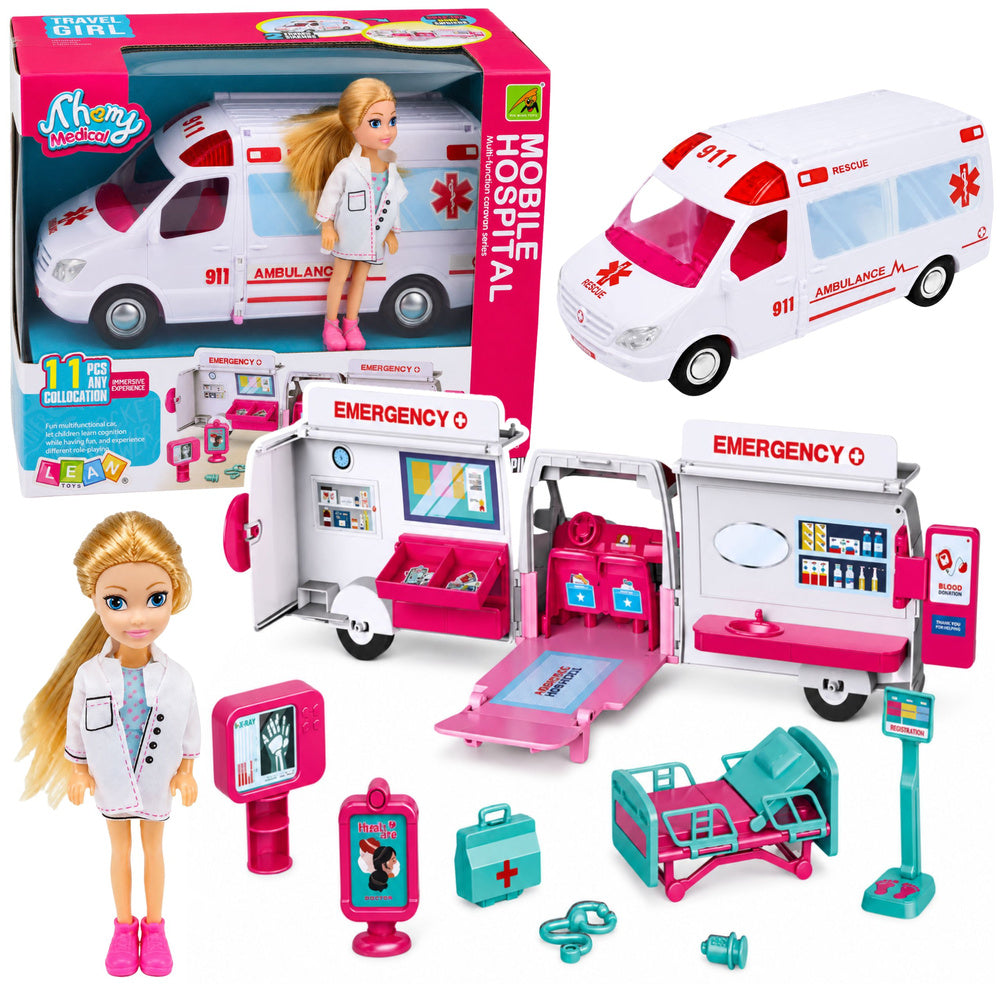 Foldable Ambulance For Dolls Hospital Mini Doll Accessories 11 pcs.