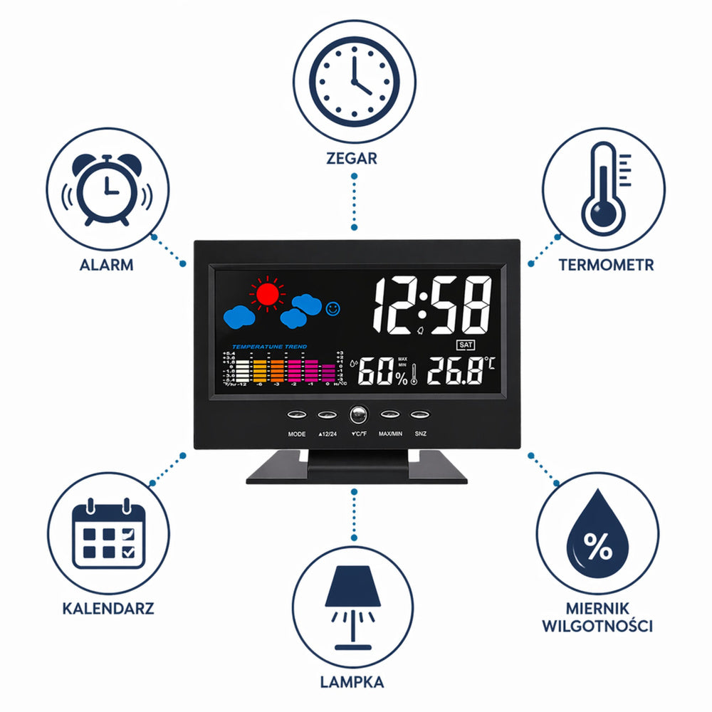 Digitalni sat s LED zaslonom, termometrom i higrometrom - crni