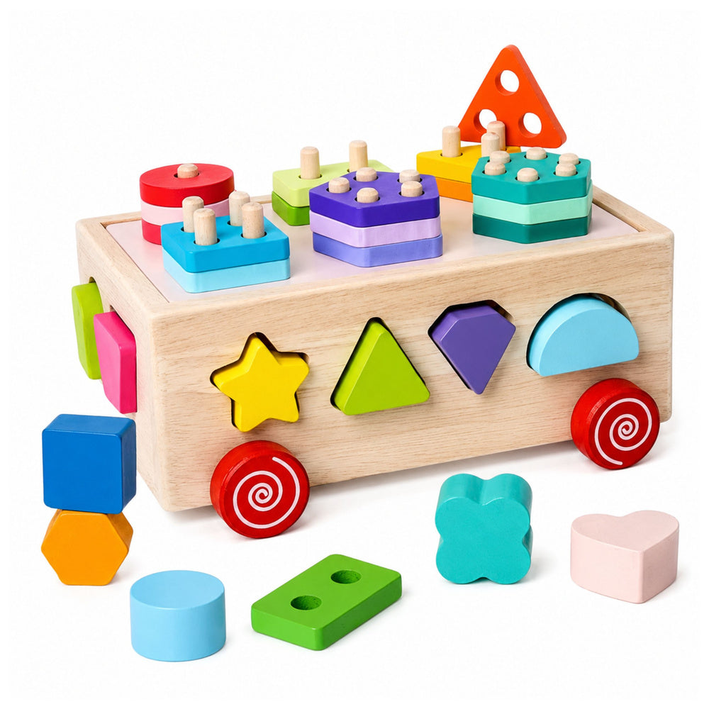 Wooden Montessori Educational Sorter on Wheels Shapes and Numbers