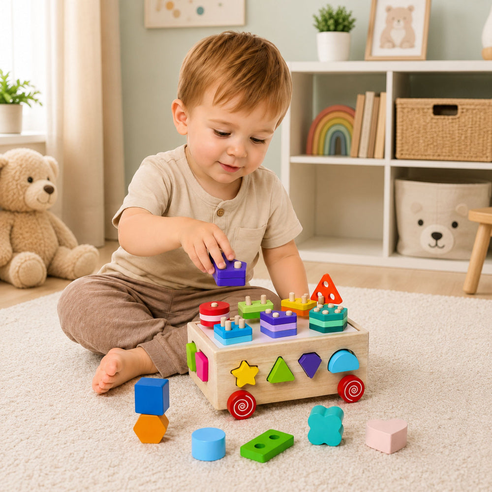 Wooden Montessori Educational Sorter on Wheels Shapes and Numbers