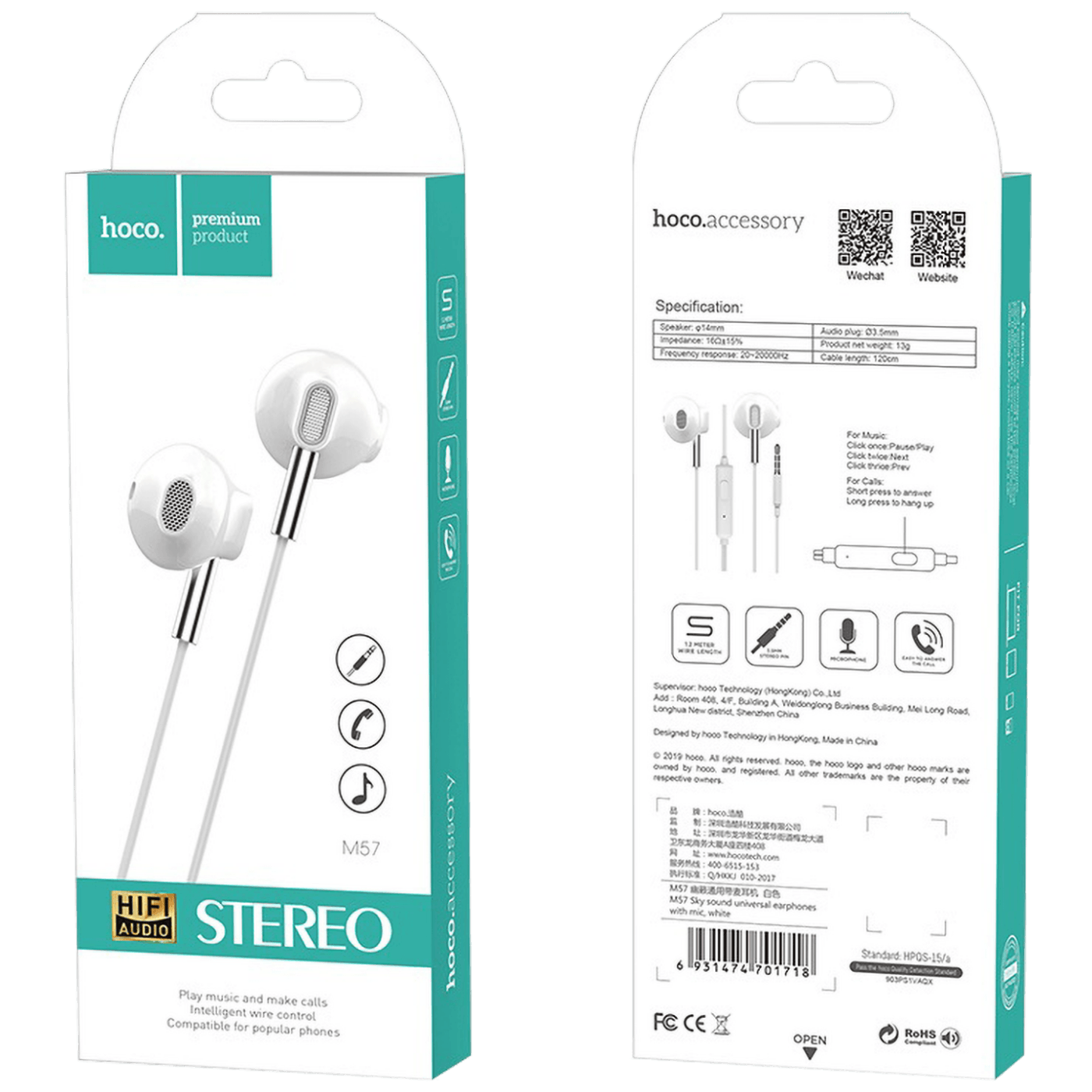 hoco. Slušalice sa mikrofonom, 3.5 mm,dužina kabela 1.2 met,bijela - M55 Memory sound White