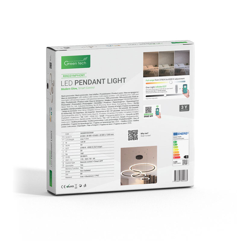 Smart dekorativna visilica Green Tech 125W, 3CCT, dim, APP + daljinski upravljač
