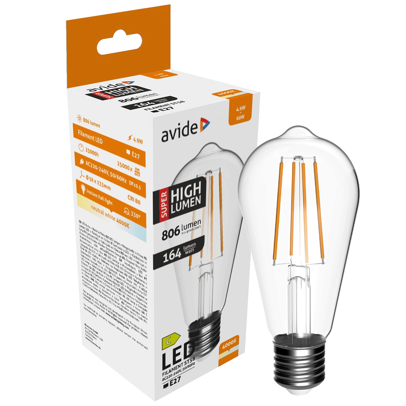 Avide Žarulja, LED 4.9W, E27, 4000K, 230V AC, bijela svjetlost - Filament ST58 4.9W E27