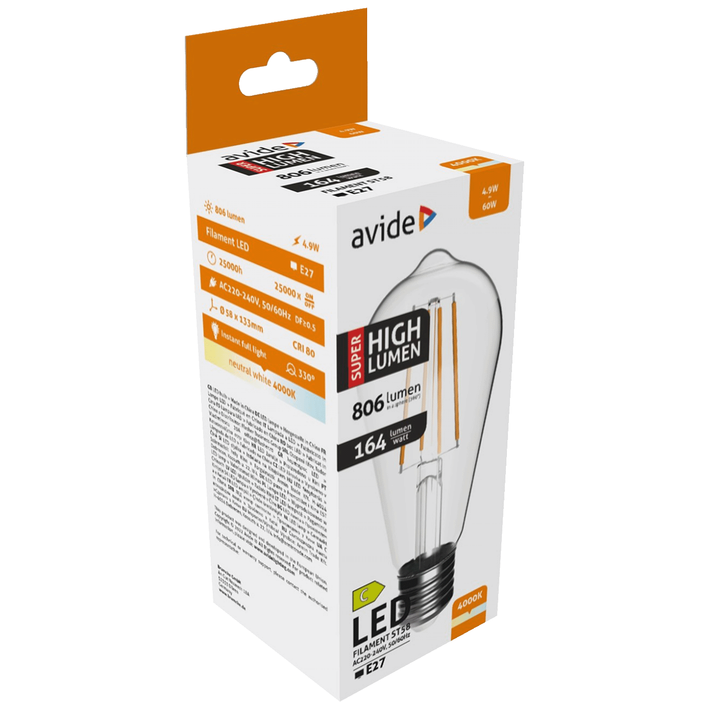 Avide Žarulja, LED 4.9W, E27, 4000K, 230V AC, bijela svjetlost - Filament ST58 4.9W E27