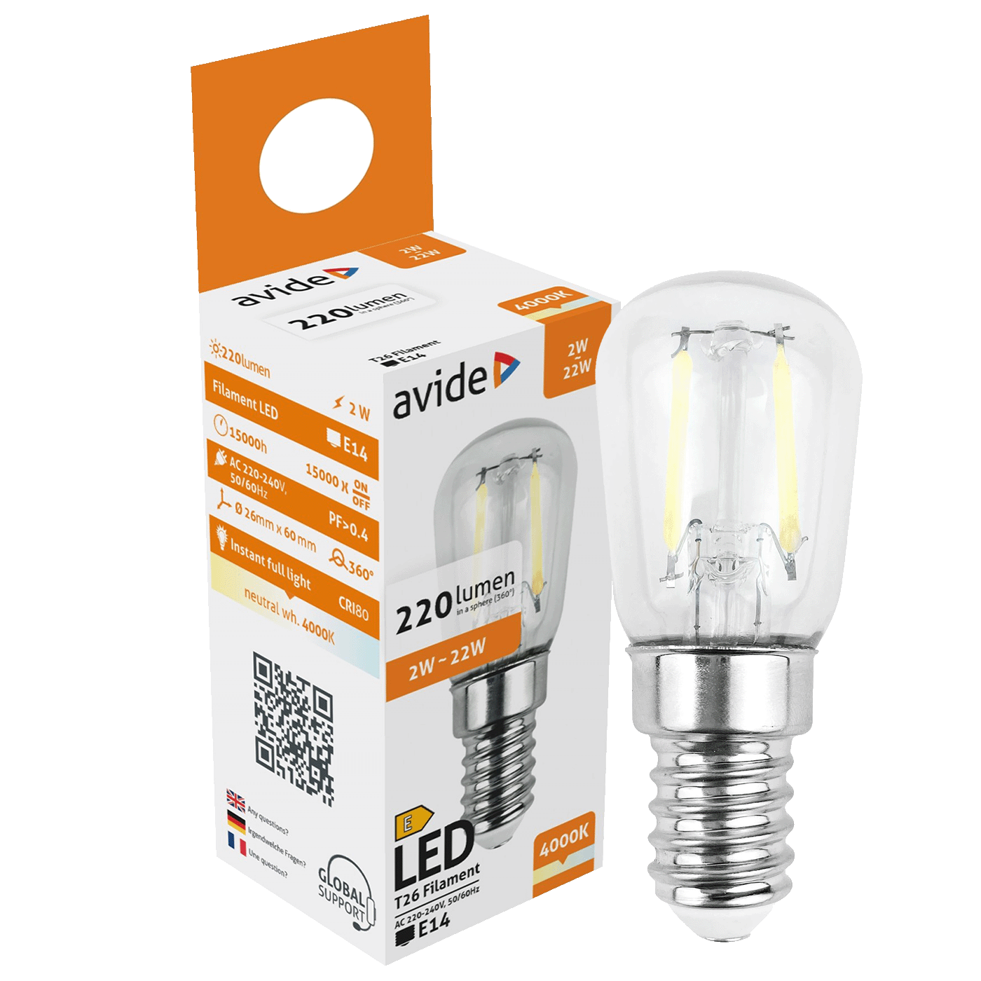 Avide Žarulja, LED 2W, E14, 4000K, 230V AC, bijela svjetlost - Filament T26 2W E14