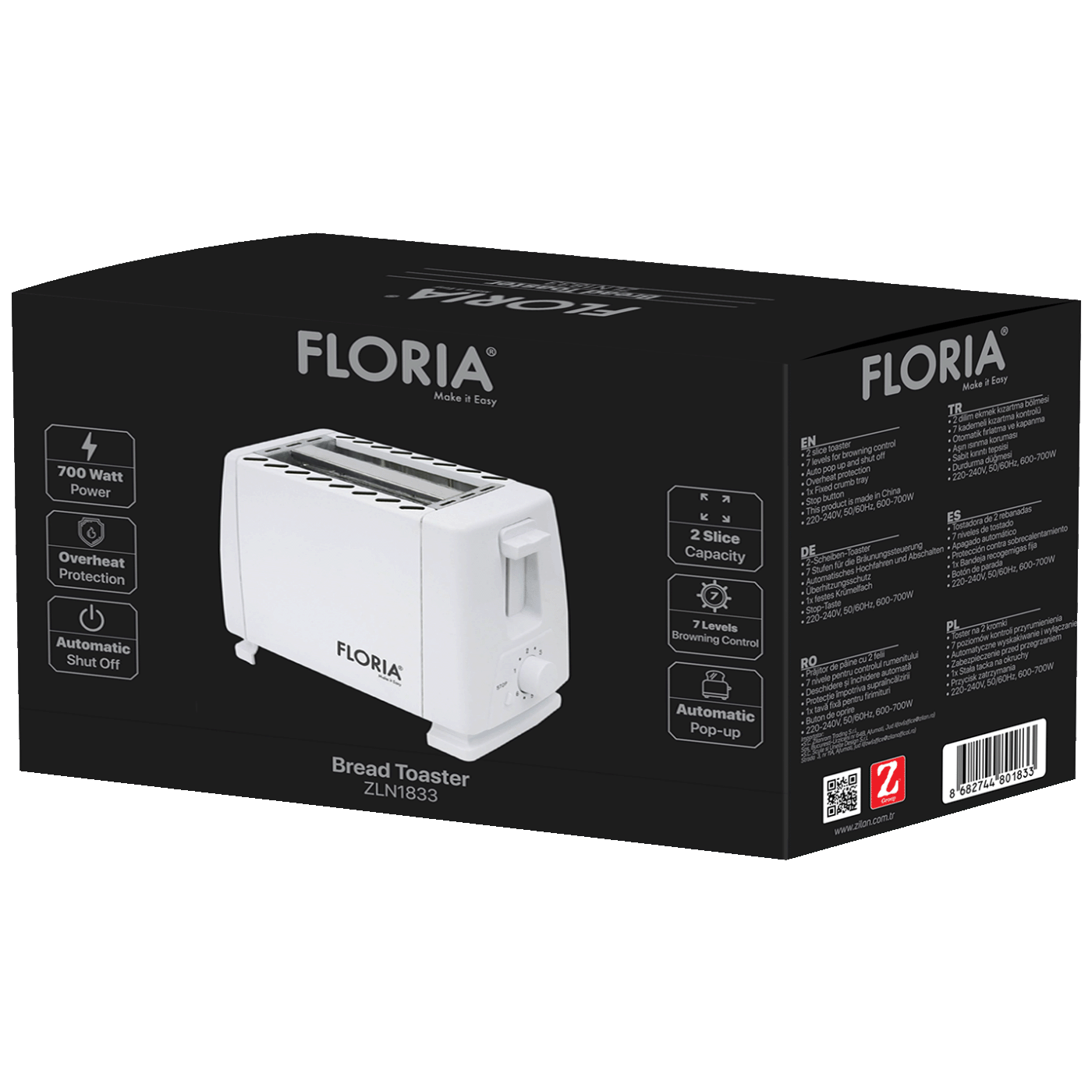 Floria Toster, 2 šnite kruha, 7 nivoa grijanja, 700 W - ZLN1833