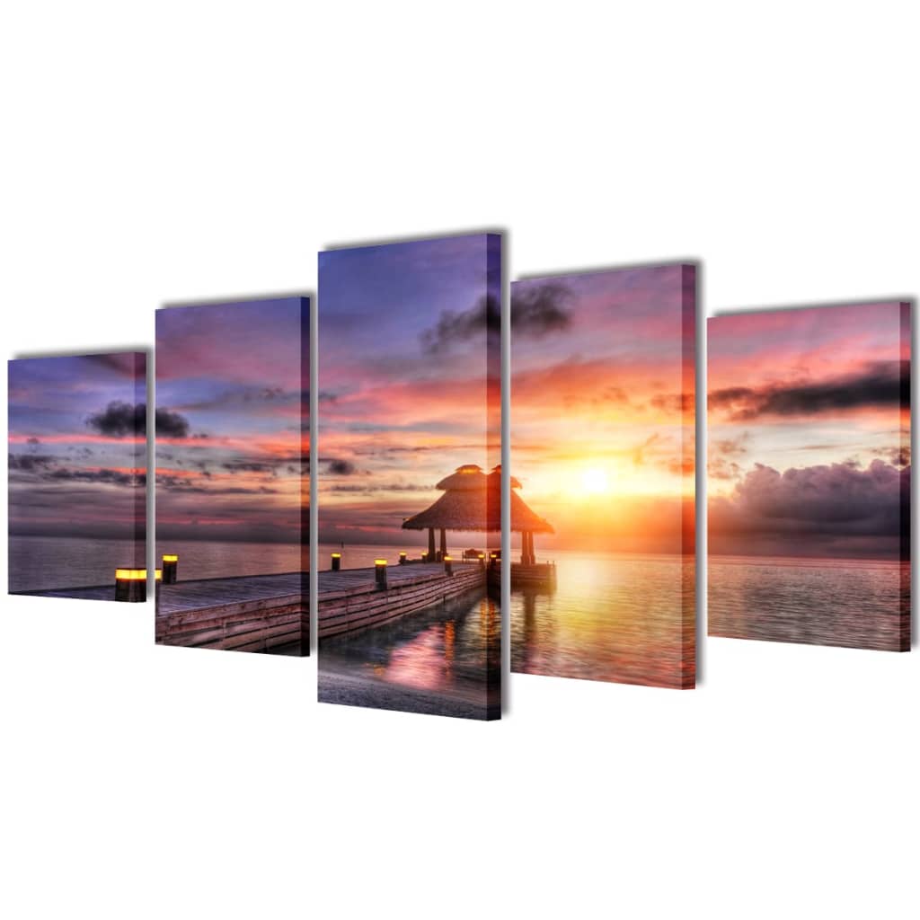 Zidne Slike na Platnu s Printom Pješčane Plaže i Paviljona 100 x 50 cm