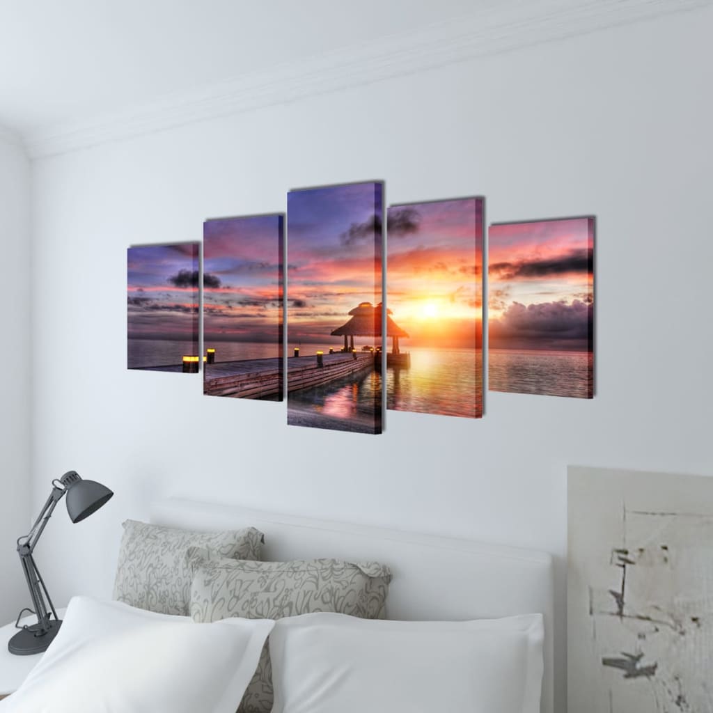 Zidne Slike na Platnu s Printom Pješčane Plaže i Paviljona 100 x 50 cm