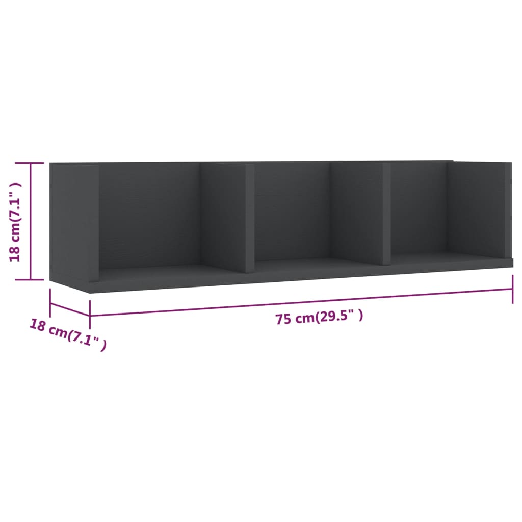 Zidna polica za CD-ove siva 75 x 18 x 18 cm konstruirano drvo