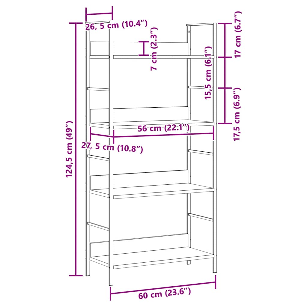 Police za knjige s 4 razine boja hrasta 60x27,6x124,5 cm drvene