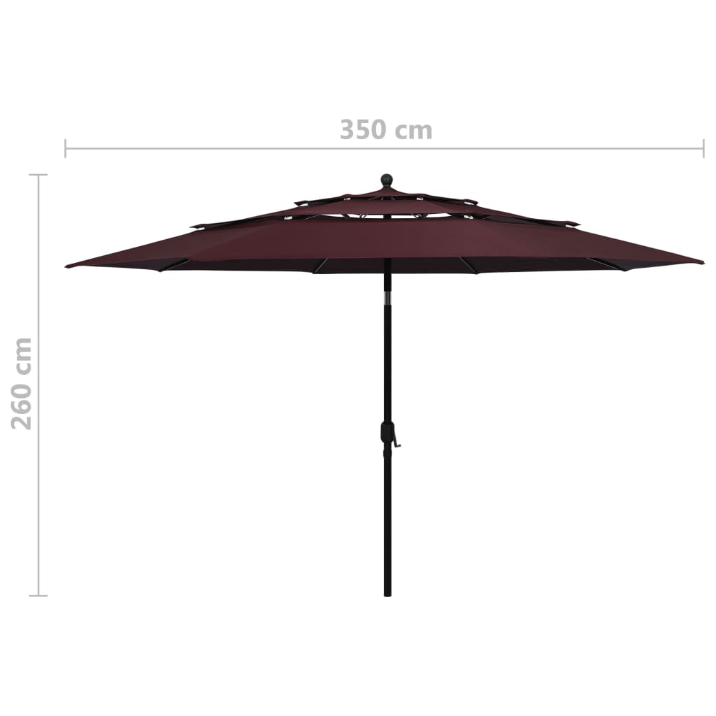 Vrtni suncobran s 3 razine i aluminijskim stupom 3,5 m bordo