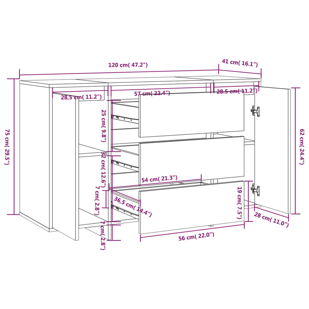 Komoda s 3 ladice boja dimljenog hrasta 120 x 41 x 75 cm drvena