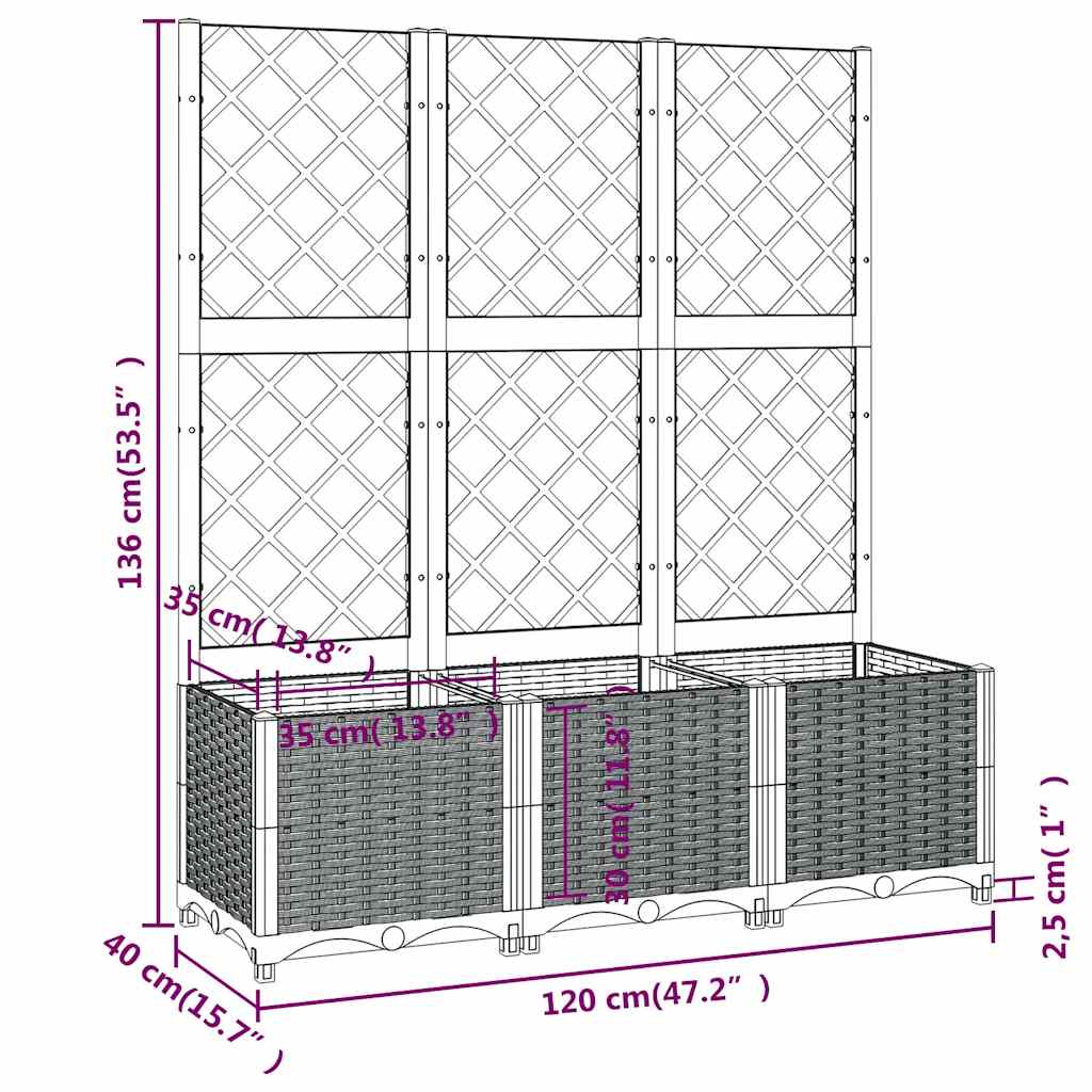 Vrtna sadilica s rešetkom plava siva 120 x 40 x 136 cm PP