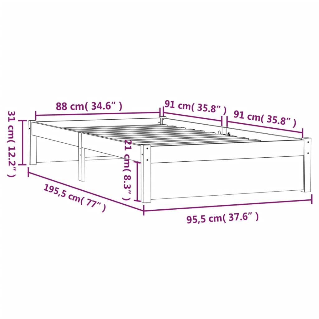 Okvir za krevet boja meda od masivnog drva 90 x 190 cm mali