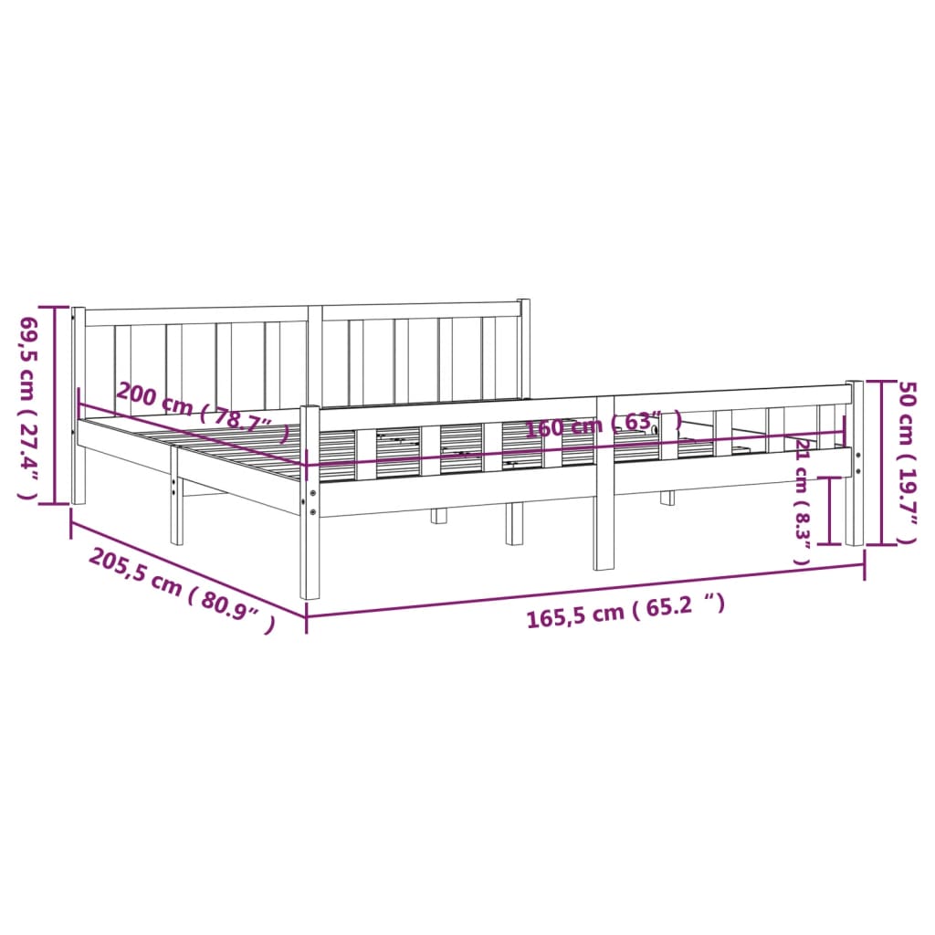 Okvir za krevet od masivnog drva crni 160 x 200 cm