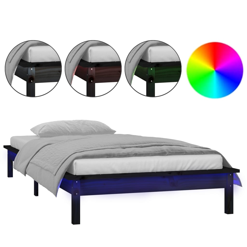 LED okvir za krevet crni 90 x 200 cm od masivne borovine