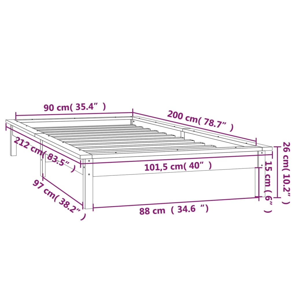 LED okvir za krevet crni 90 x 200 cm od masivne borovine