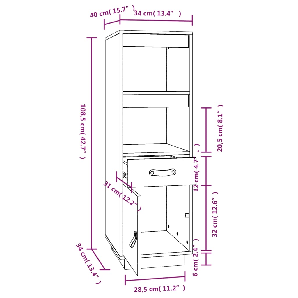 Visoka komoda siva 34 x 40 x 108,5 cm od masivne borovine