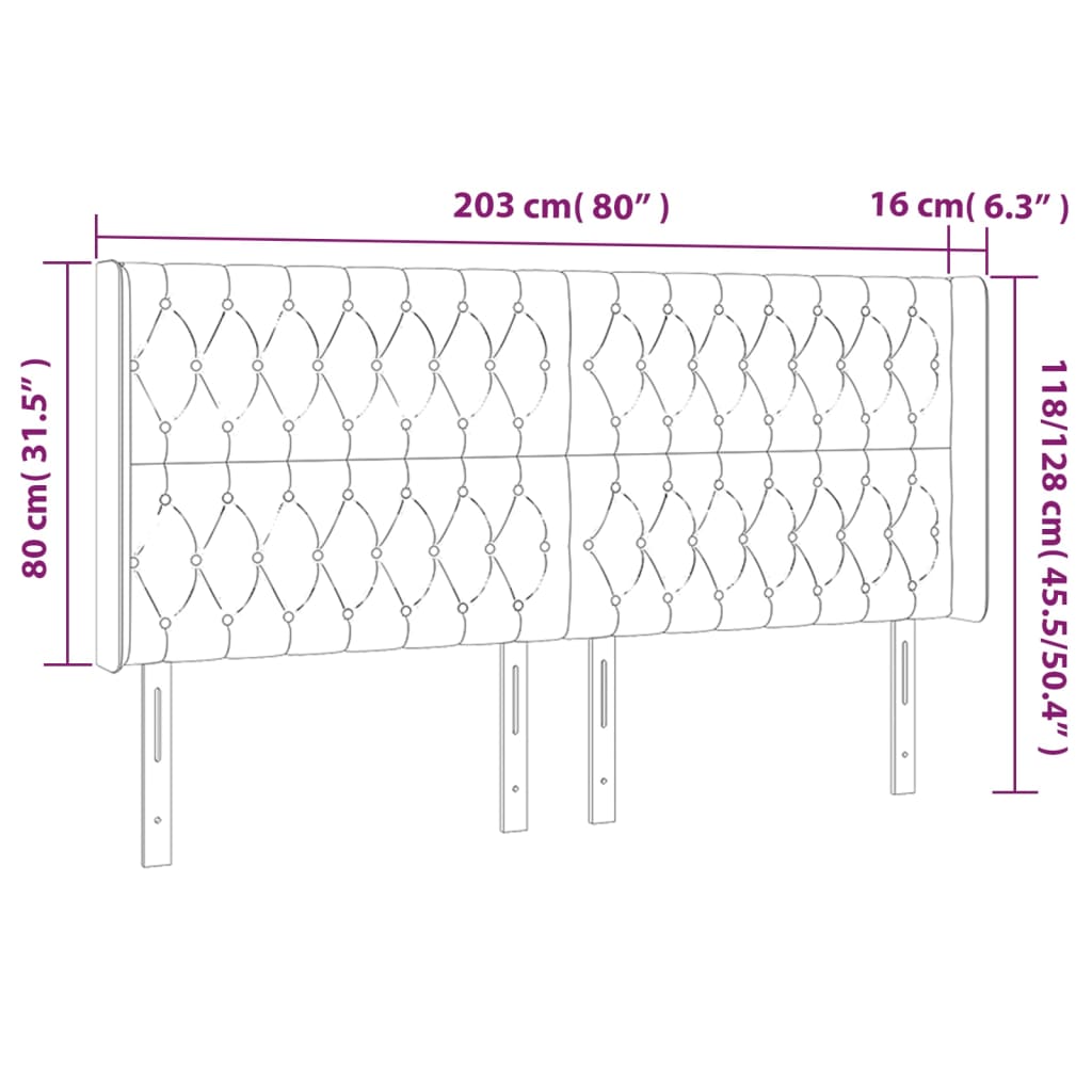 Uzglavlje s ušima crno 203x16x118/128 cm baršunasto