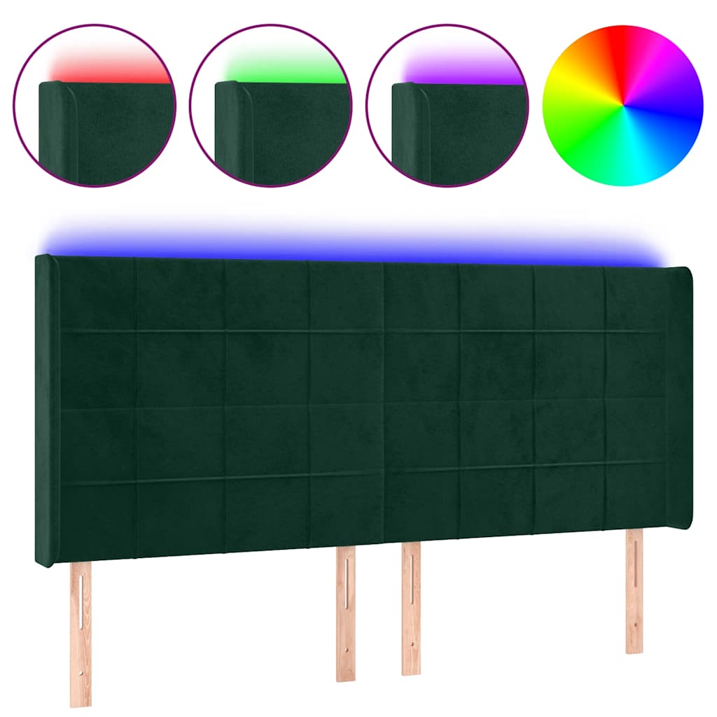 LED uzglavlje tamnozeleno 183 x 16 x 118/128 cm baršunasto
