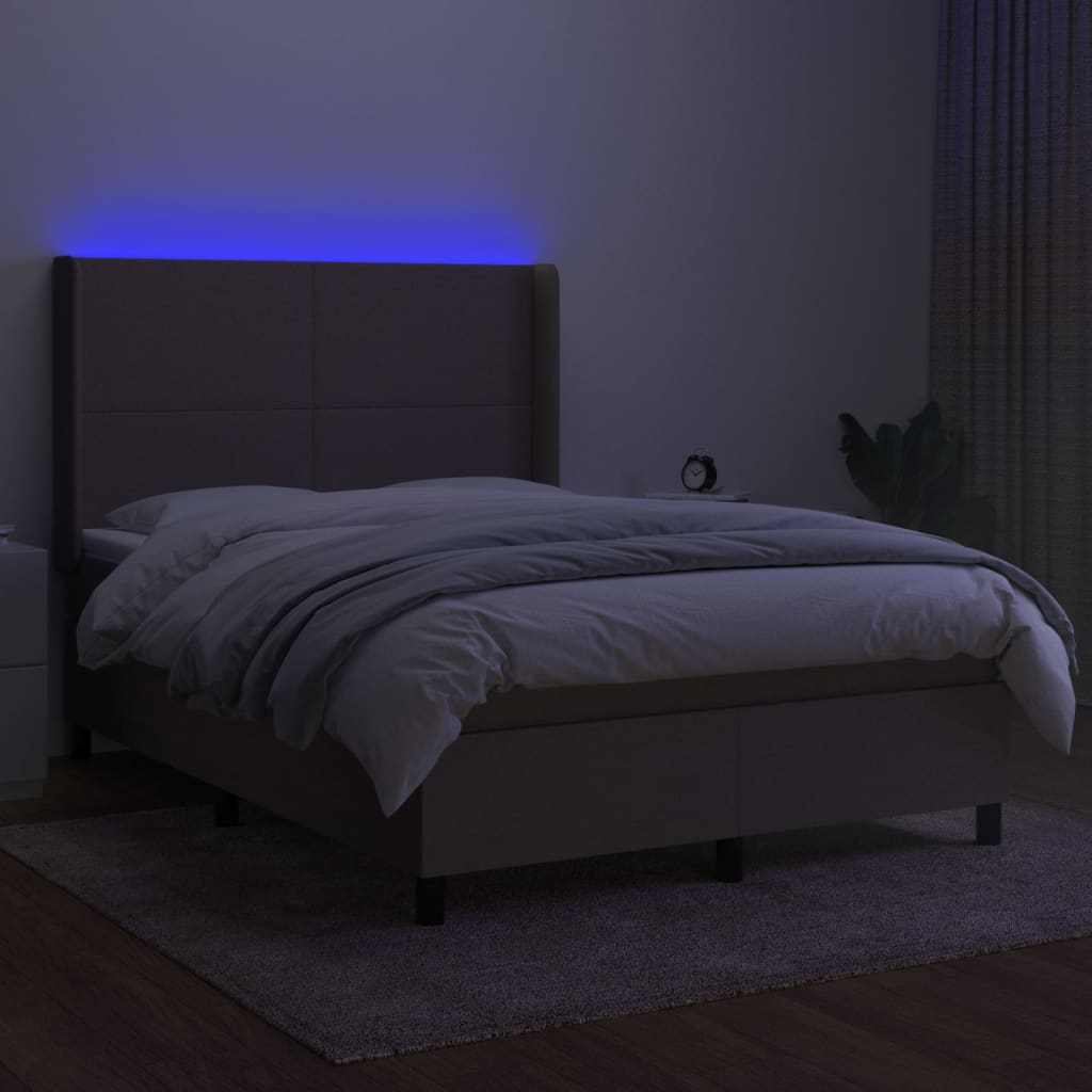 Krevet box spring s madracem LED smeđesivi 140x190 cm tkanina