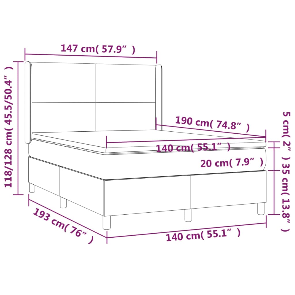 Krevet box spring s madracem LED smeđesivi 140x190 cm tkanina