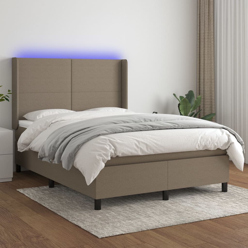 Krevet box spring s madracem LED smeđesivi 140x190 cm tkanina