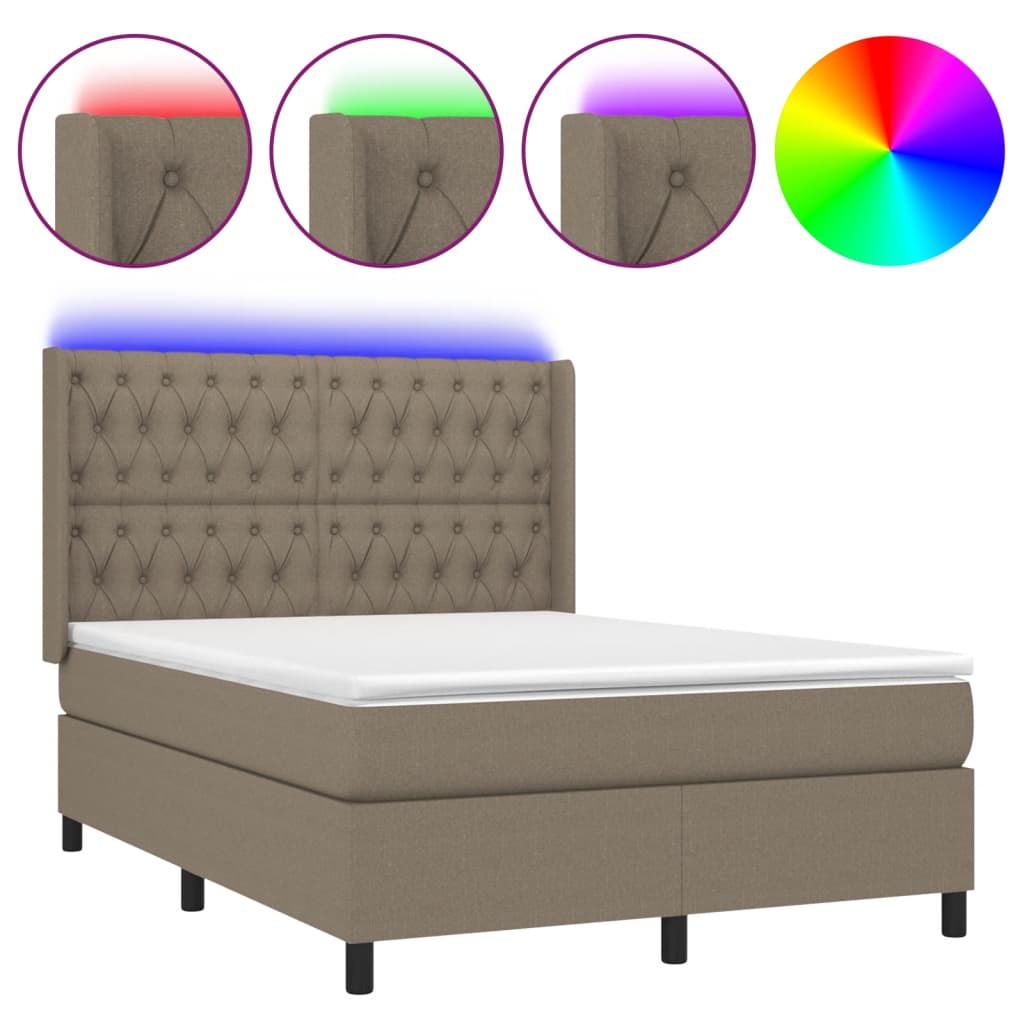 Krevet box spring s madracem LED smeđesivi 140x190 cm tkanina