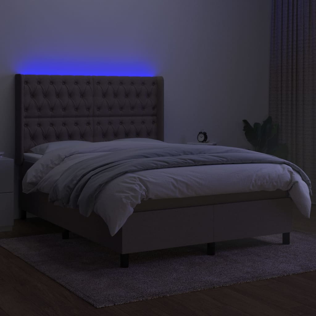 Krevet box spring s madracem LED smeđesivi 140x190 cm tkanina