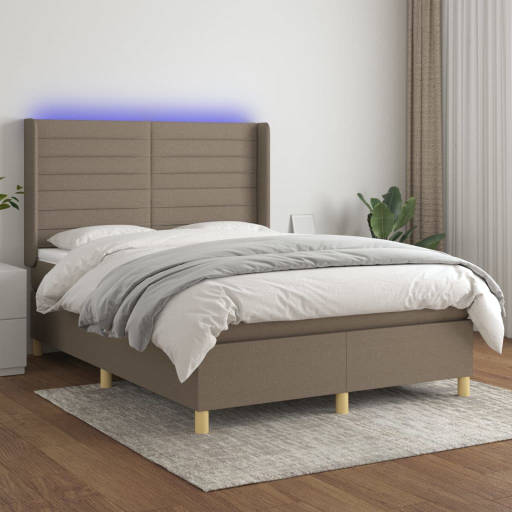 Krevet box spring s madracem LED smeđesivi 140x190 cm tkanina