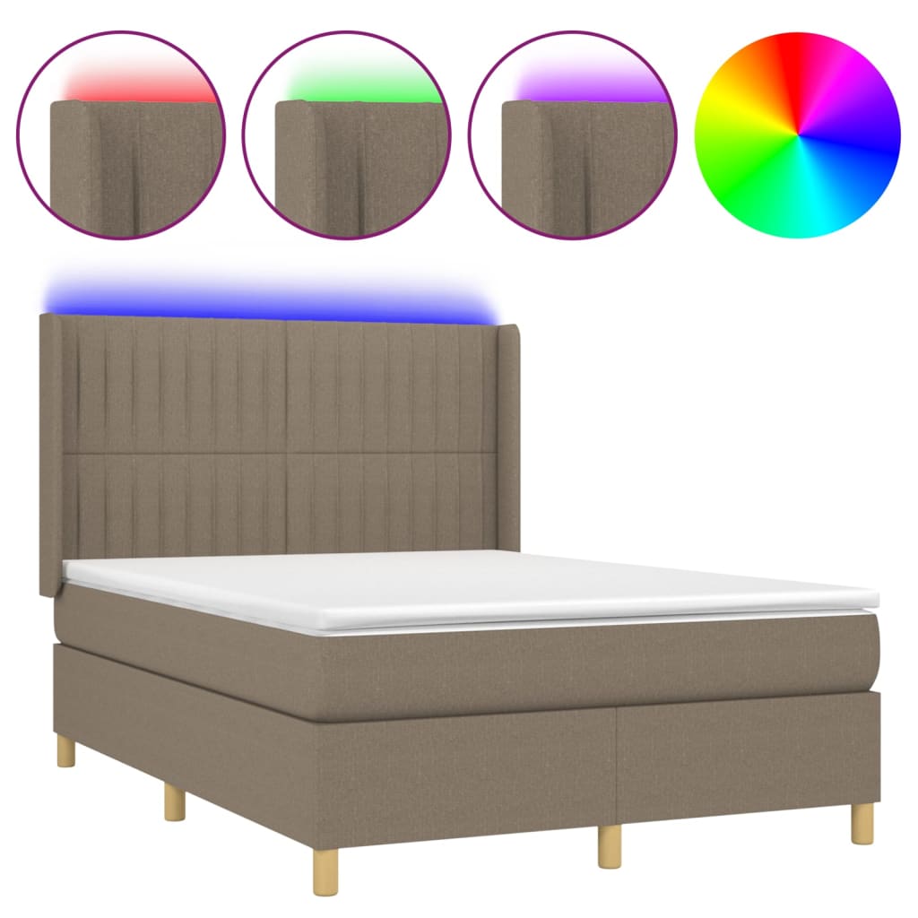 Krevet box spring s madracem LED smeđesivi 140x190 cm tkanina