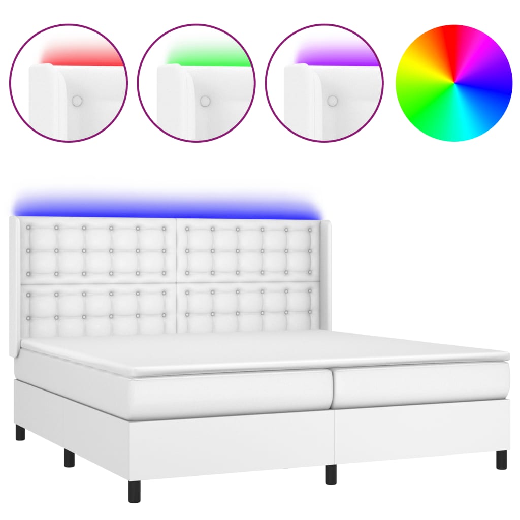 Krevet box spring s madracem LED bijeli 200x200 cm umjetna koža