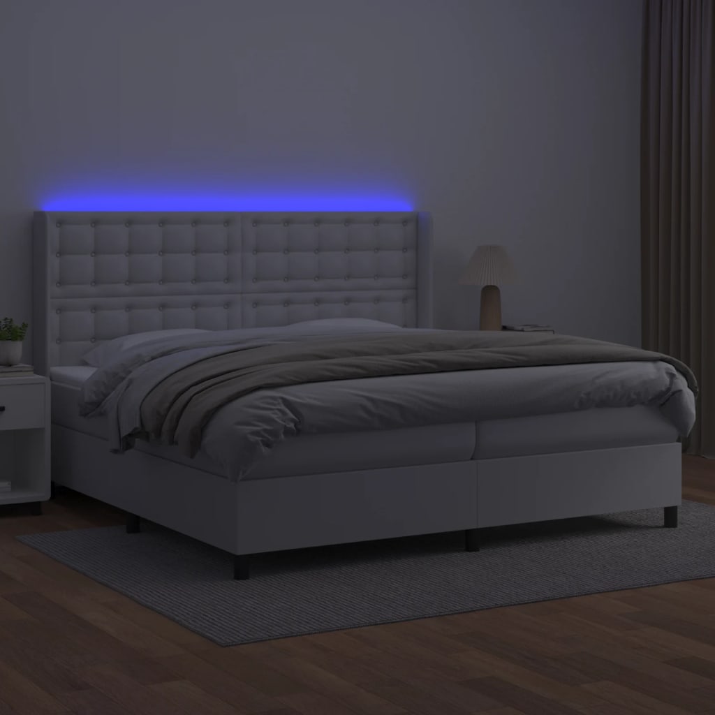 Krevet box spring s madracem LED bijeli 200x200 cm umjetna koža